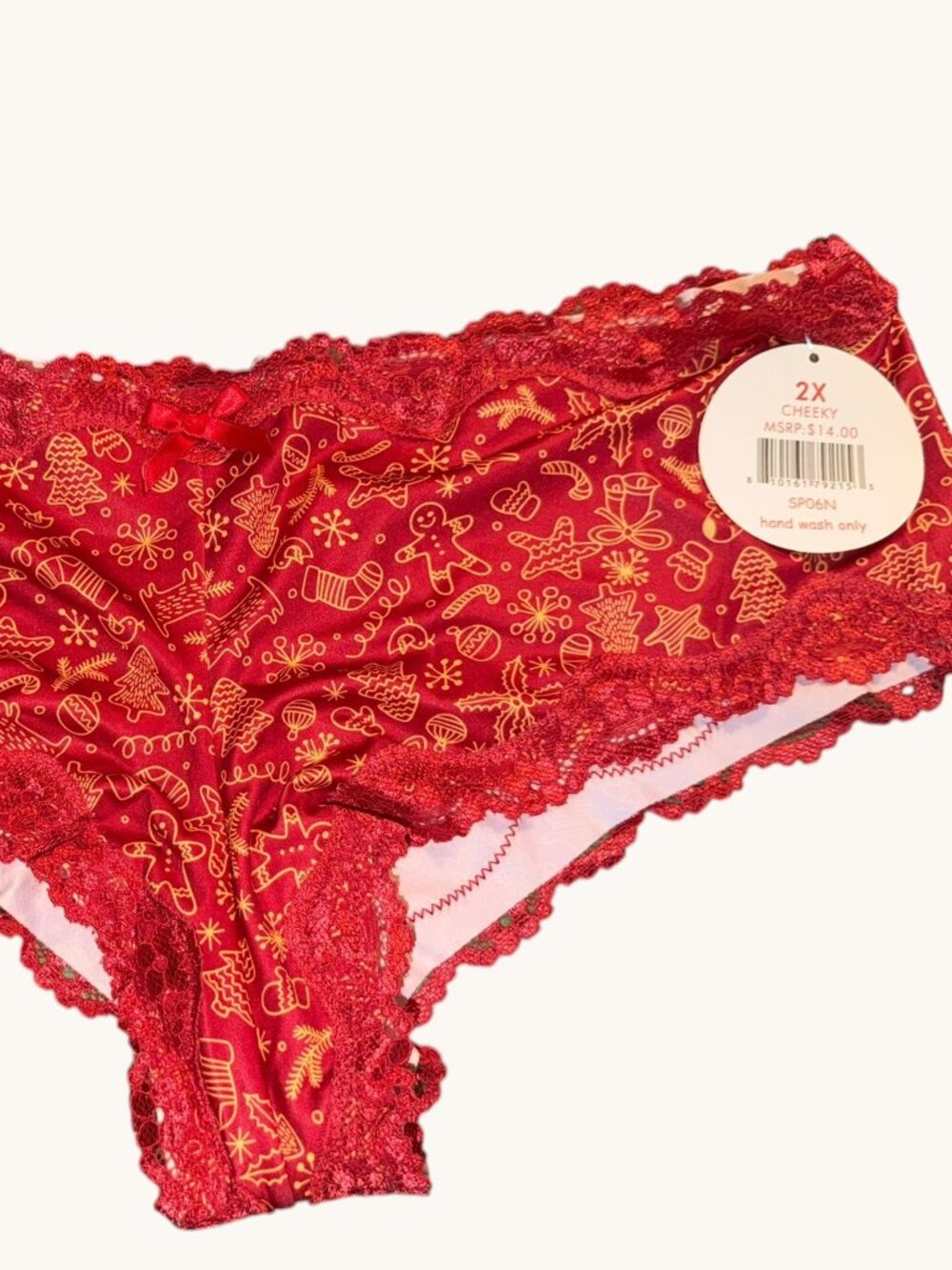 NWT Splendies Red Gingerbread Men Silky Lacey Cheeky Panty Size 2X